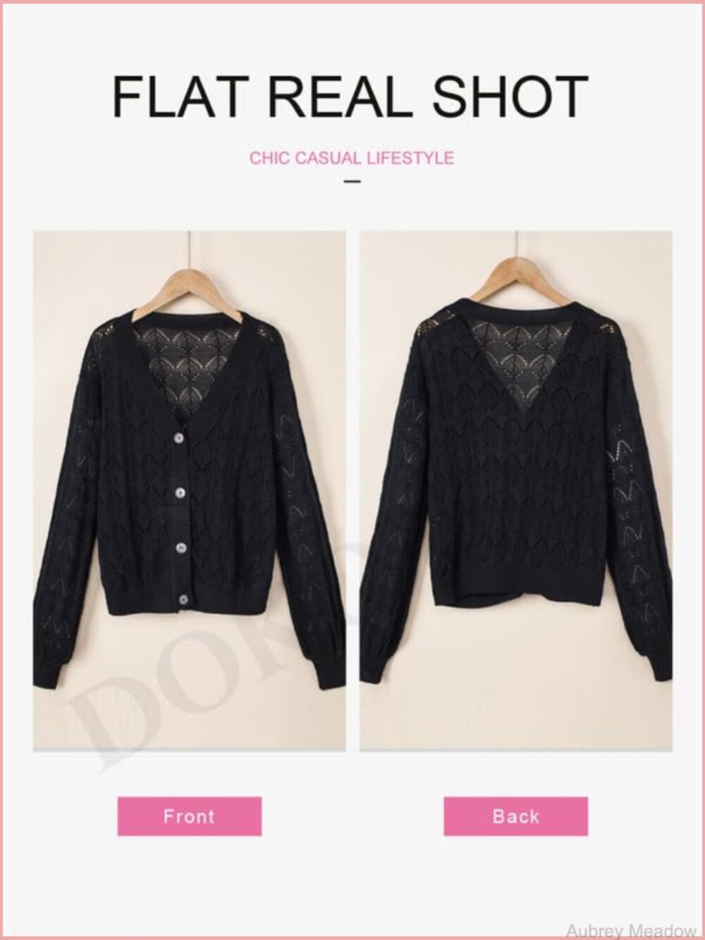 Crochet Knit V-Neck Cardigan Sweater Long Sleeve Button Front - Picture 5 of 7